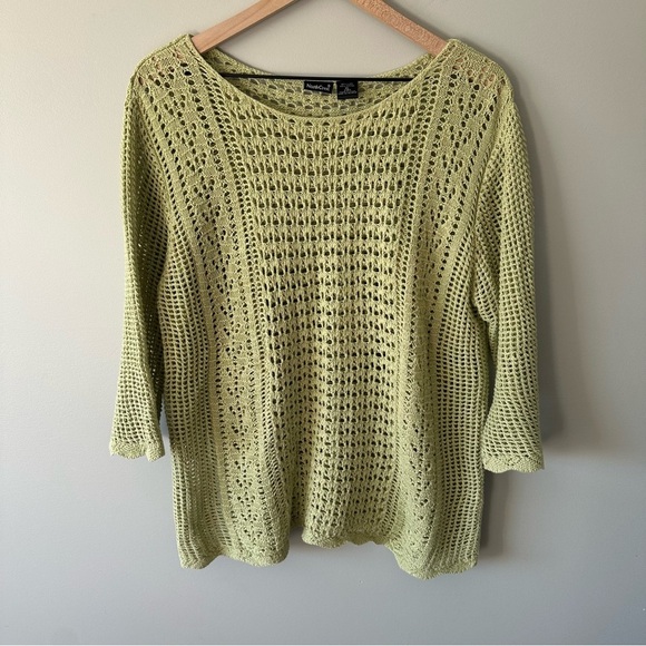 Northcrest Sweaters - Womens Crochet Knit Sweater Size XL Green Fairy Cottage Boho Linen Cotton